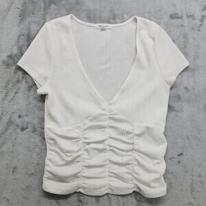 Stitch & Pine Top Womens S White‎ V-Neck Short Sleeve Ruched Blouse Stretch